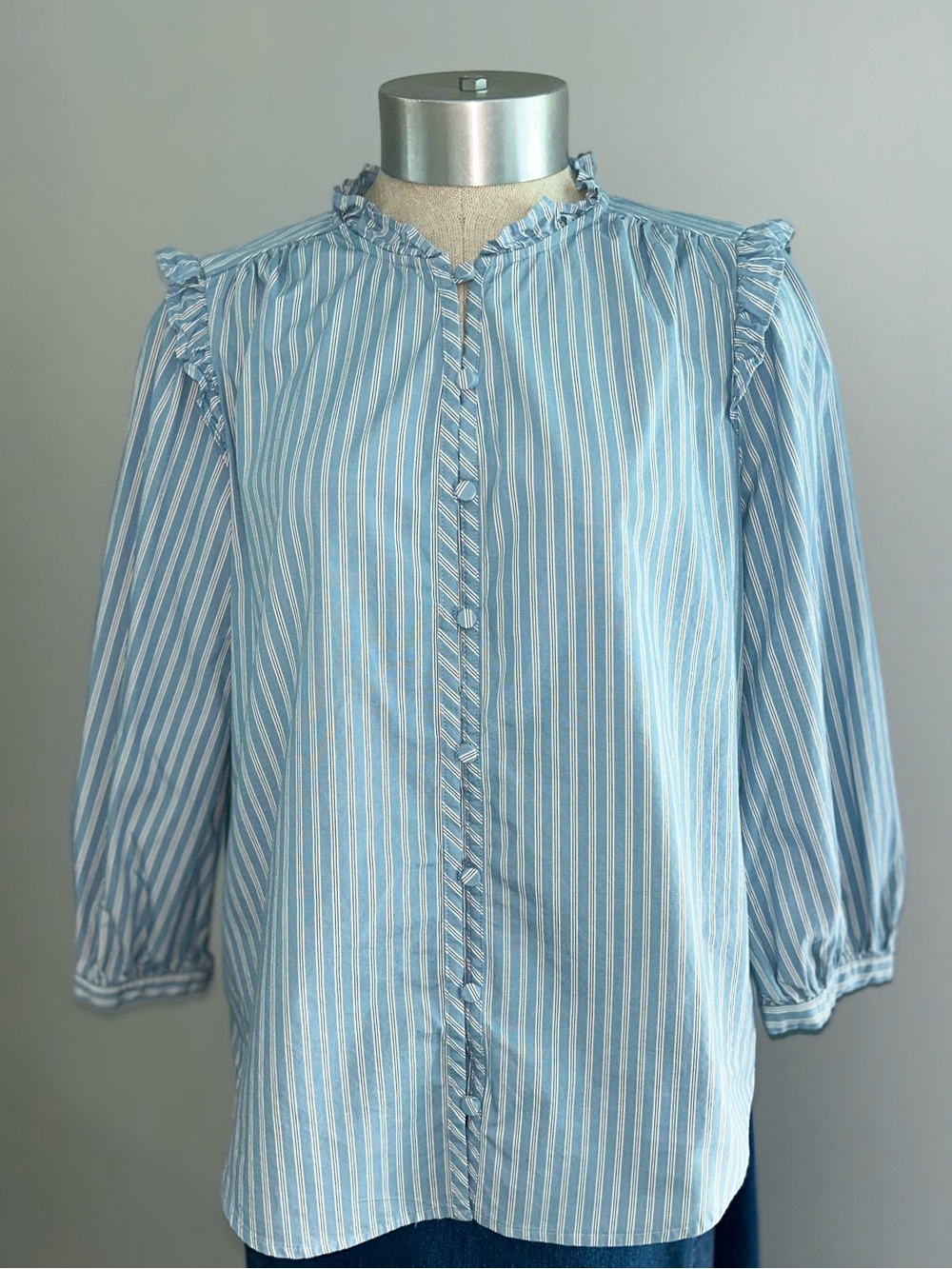 LC Lauren Conrad Blue Stripe Ruffle Blouse M Cotton Peasant Cottagecore Feminine